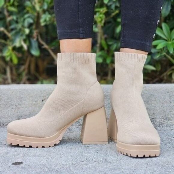 Shoes - Women's Chunky Block Heel Sock Boots Nude Color